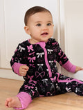 Bamboo Baby Girl Elegant Printed 2-Way Zip Onesies Anti Slip Long-sleeve Footie with Hairband Pink purple