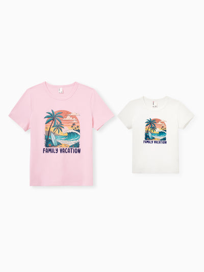 Mommy & me "Family Vacation" Graphic Cotton Tees Tropical Surf Print T-Shirt Multi-color