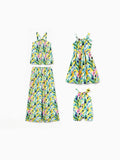 Mommy and Me Casual Outfits Floral Print Camisole Top and Wide-leg Pants Set for Mom Strappy Dress for girl, Bodysuit for Baby Girl Yellow