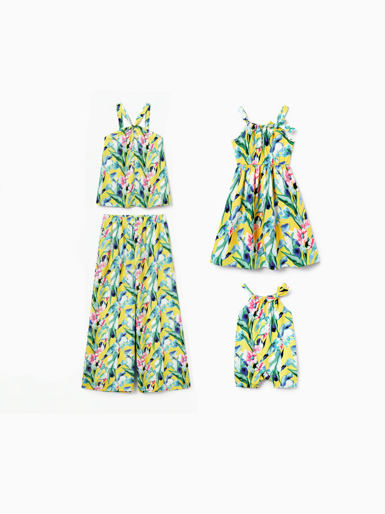Mommy and Me Casual Outfits Floral Print Camisole Top and Wide-leg Pants Set for Mom Strappy Dress for girl, Bodysuit for Baby Girl Yellow