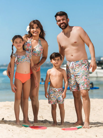 Matching Family Floral Swimwear Bikini Set for Mom & Daughter Floral Board Shorts for Dad & Son, Cute Beach Outfits for Vacation & Pool Days Multi-color
