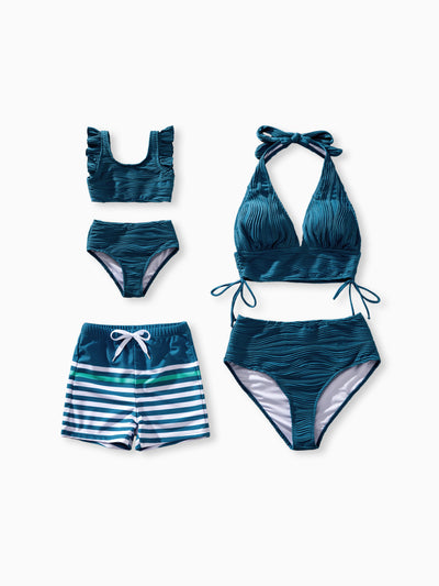 Mommy & me Teal Striped Swimsuits Ruched Bikini & Swim Trunks Set Multi-color