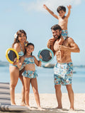Family Matching Swimwear Tropical Print, Mommy Tie-front Cutout One-piece Swimsuit, Girl two-piece Swimsuit Daddy & Son Swim Trunks Set for Summer Beach Vacation Light Blue