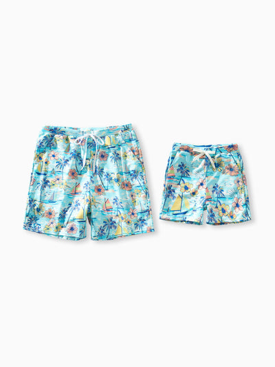 Daddy & Son Swimwear Tropical Print,Daddy & Son Swim Trunks Set for Summer Beach Vacation Light Blue