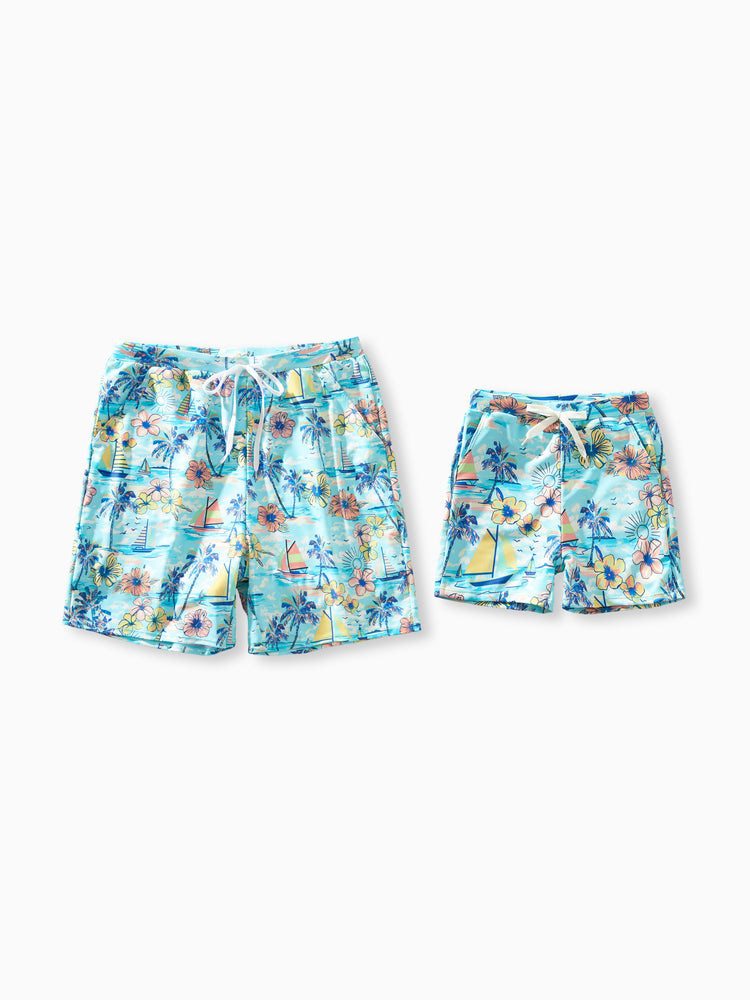 Daddy & Son Swimwear Tropical Print,Daddy & Son Swim Trunks Set for Summer Beach Vacation Light Blue