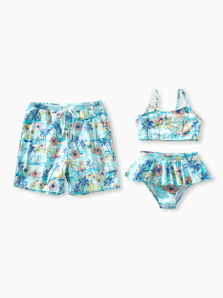 Daddy & Daughter Swimwear Tropical Print,  Girl two-piece Swimsuit  for Summer Beach Vacation Light Blue