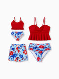 Mommy & me Swimwear Floral Print Bikini & Swim Trunks Set for Mom, Dad, & Kids, Perfect for Summer Beach Days & Pool Parties Red