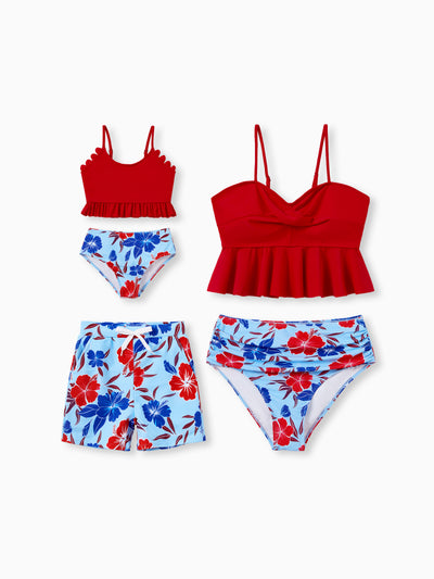 Mommy & me Swimwear Floral Print Bikini & Swim Trunks Set for Mom, Dad, & Kids, Perfect for Summer Beach Days & Pool Parties Red