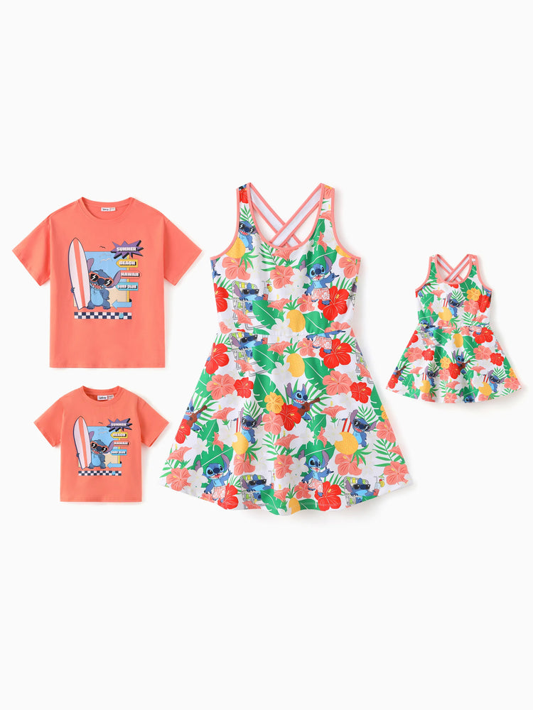 Disney Stitch Matching Family Tropical Floral Sporty Dress/ Cotton Top Multi-color