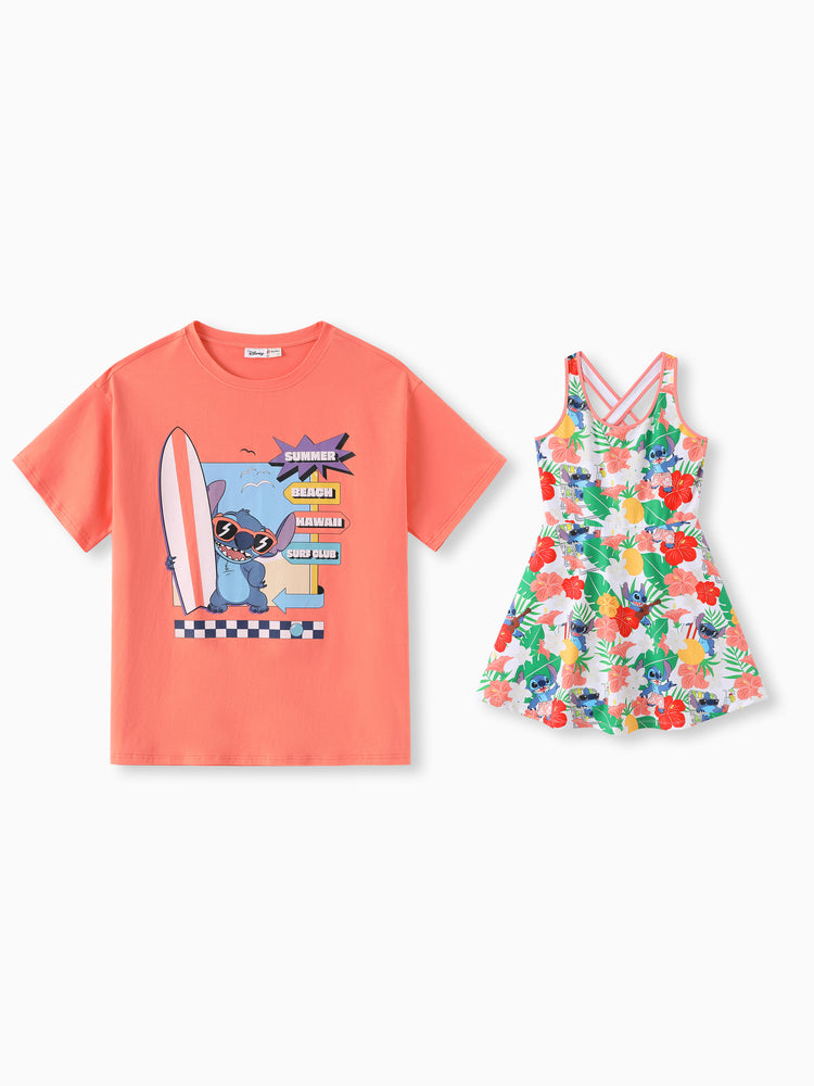 Disney Stitch Daddy & Daughter Tropical Floral Sporty Dress with Built-in Shorts & Pockets/ Cotton Top Multi-color