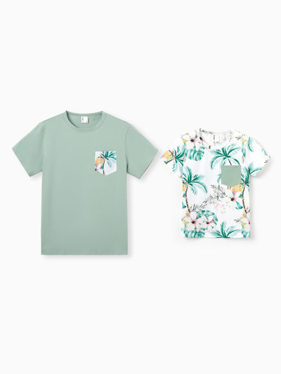 Daddy & Son Tropical Print Outfits,Dad/Kids Cotton T-Shirt Set Green