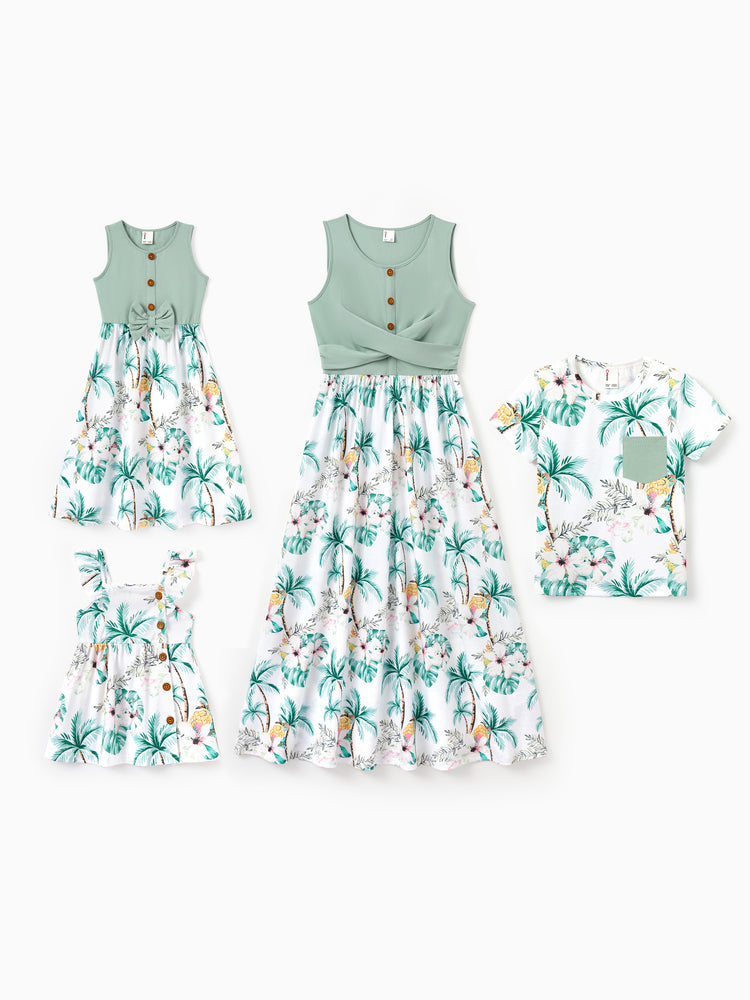 Mommy & me Tropical Print Outfits Mommy & Me Tank Dress & Kids Cotton T-Shirt Set Green