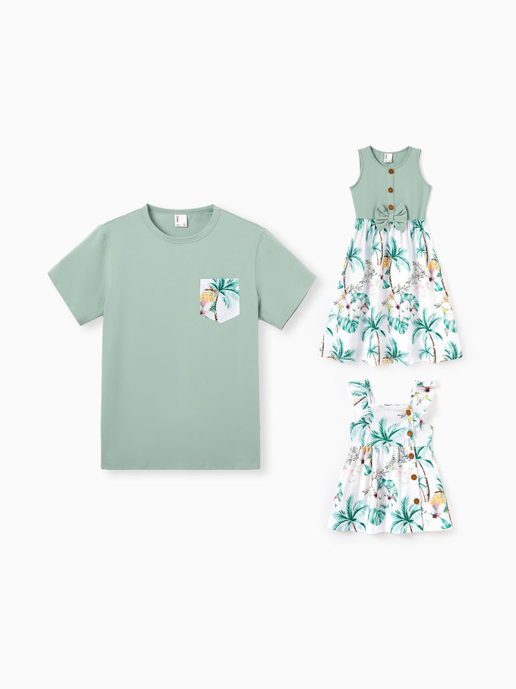 Daddy & Me Tropical Print Outfits,Daughter Tank Dress & Dad Cotton T-Shirt Set Green