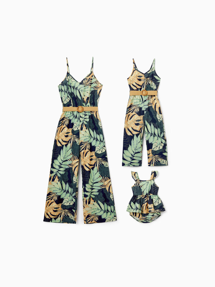 Mommy and Me Tropical Leaf Print Jumpsuit Set, Spaghetti Strap Belted Matching Outfits for Summer Beach Vacation Tibetan blue