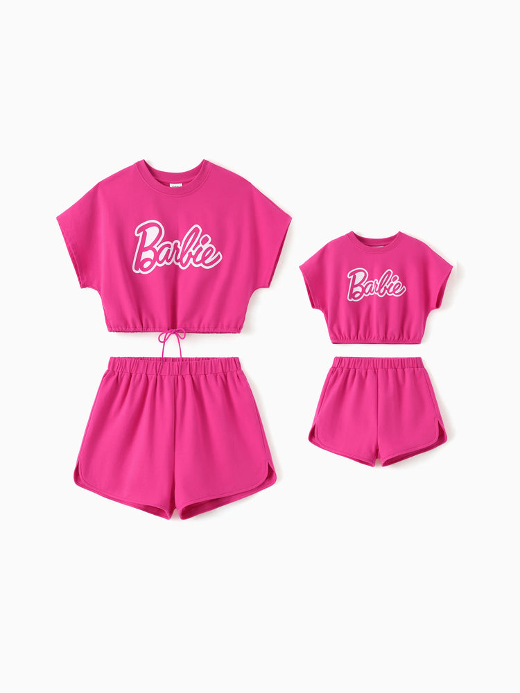 Barbie Mommy and Me 2pcs Batwing Sleeve Crop Top and Shorts Sets Hot Pink