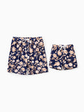 Daddy & Son Floral Print Swimsuits 2-in-1 One-Piece Swimsuit & Swim Trunks Deep Blue