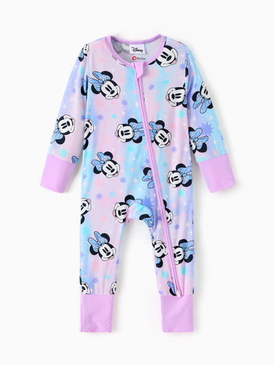 Disney Mickey and Friends Bamboo Baby Girl  Minnie Printed 2-Way Zipper Anti Slip Long-sleeve Footie Pink purple