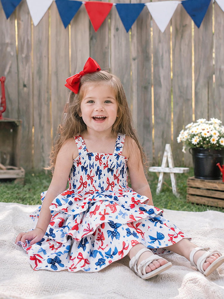 Independence Day Toddler Girls Patriotic Bow Print Smocking Dress White