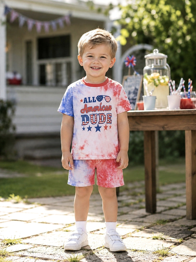 Independence Day Toddler Boy 2pcs Patriotic Tie-Dye T-Shirt with Shorts Sporty Set Red