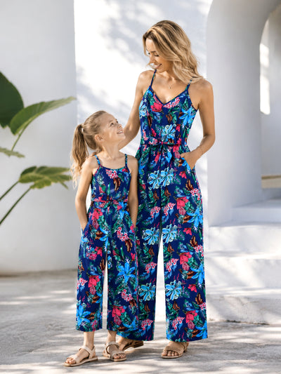 Matching Family Floral Print Sleeveless Cami Jumpsuit for Mommy & Me  Deep Blue
