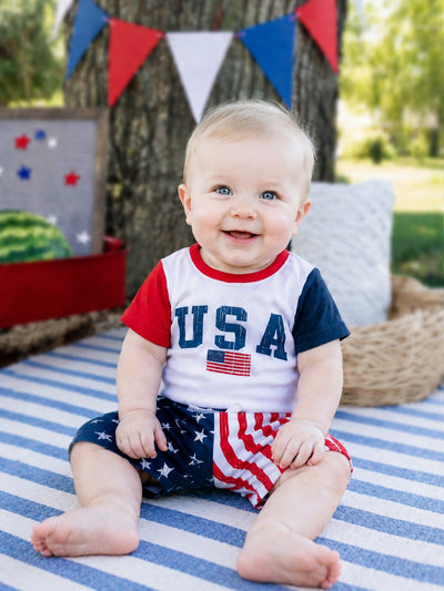 Ensemble sportif 2 pièces bébé garçon pour la fête de l'Indépendance, body USA patriotique avec short, blanc