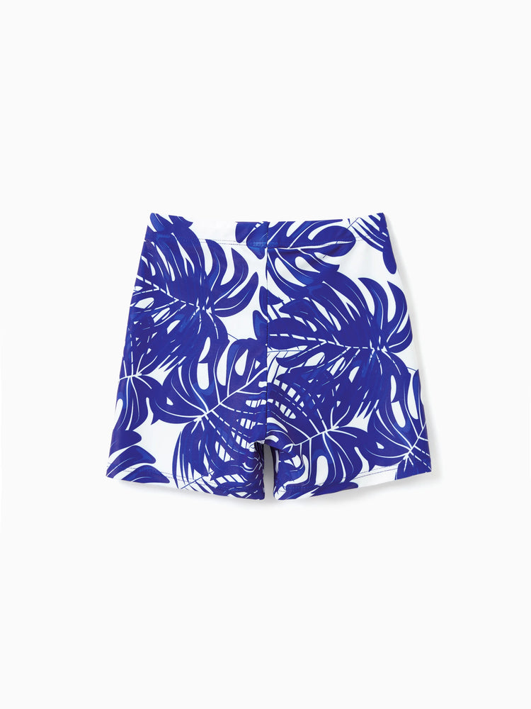 Family Matching Tropical Leaf Print Swim Trunks or Hollow-out Crisscross Straps One-piece Swimsuit Blue