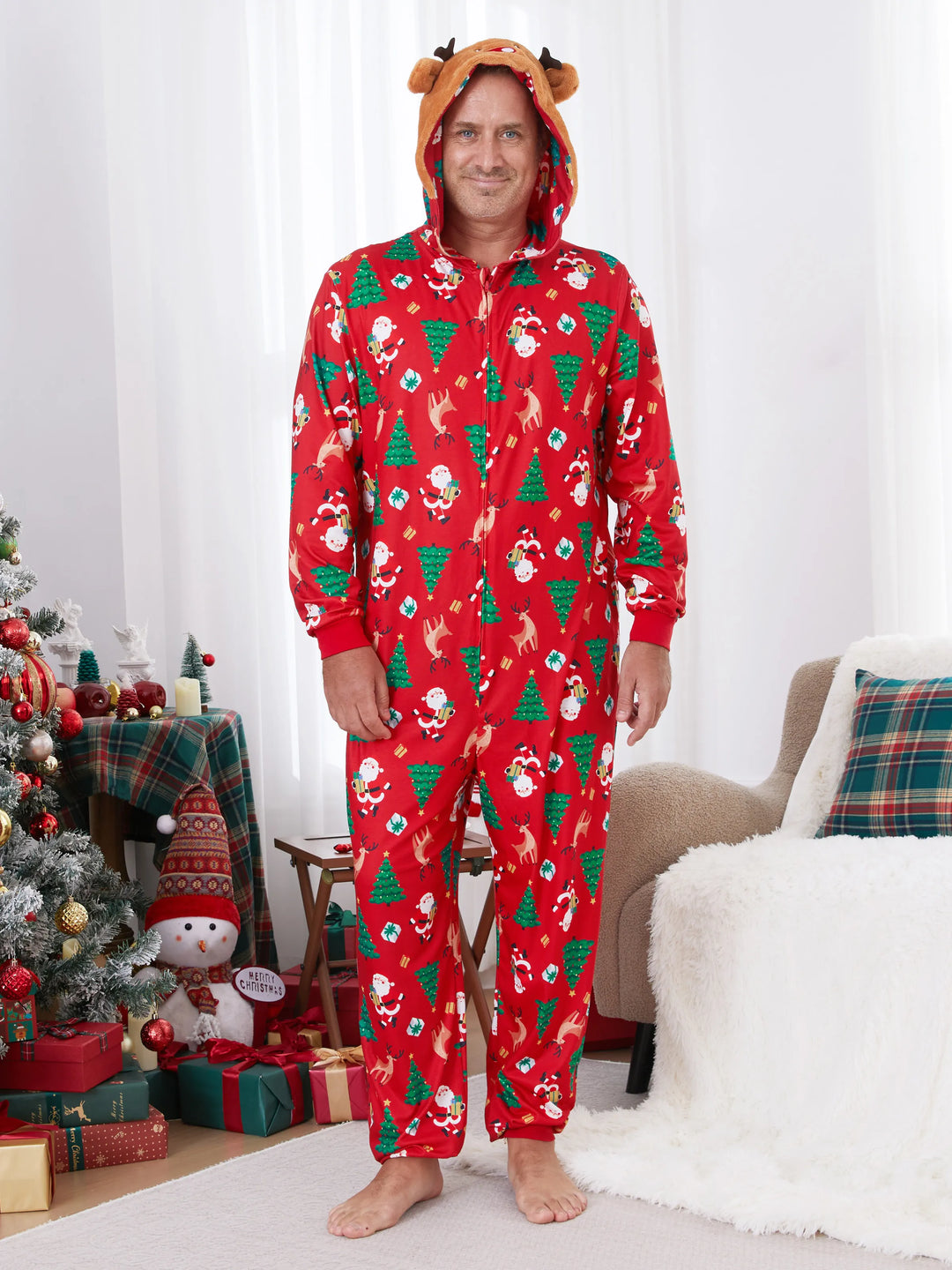 Christmas Family Pajamas Sets 3D Reindeer Hooded Allover Print Onesies with Christmas Socks Red-2