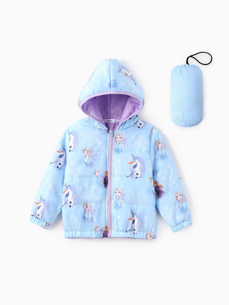 Disney Frozen Toddler Girl 2pcs Elsa&Olaf Snowflakes Print Hooded Jacket Coat With Storage Bag 
 Blue
