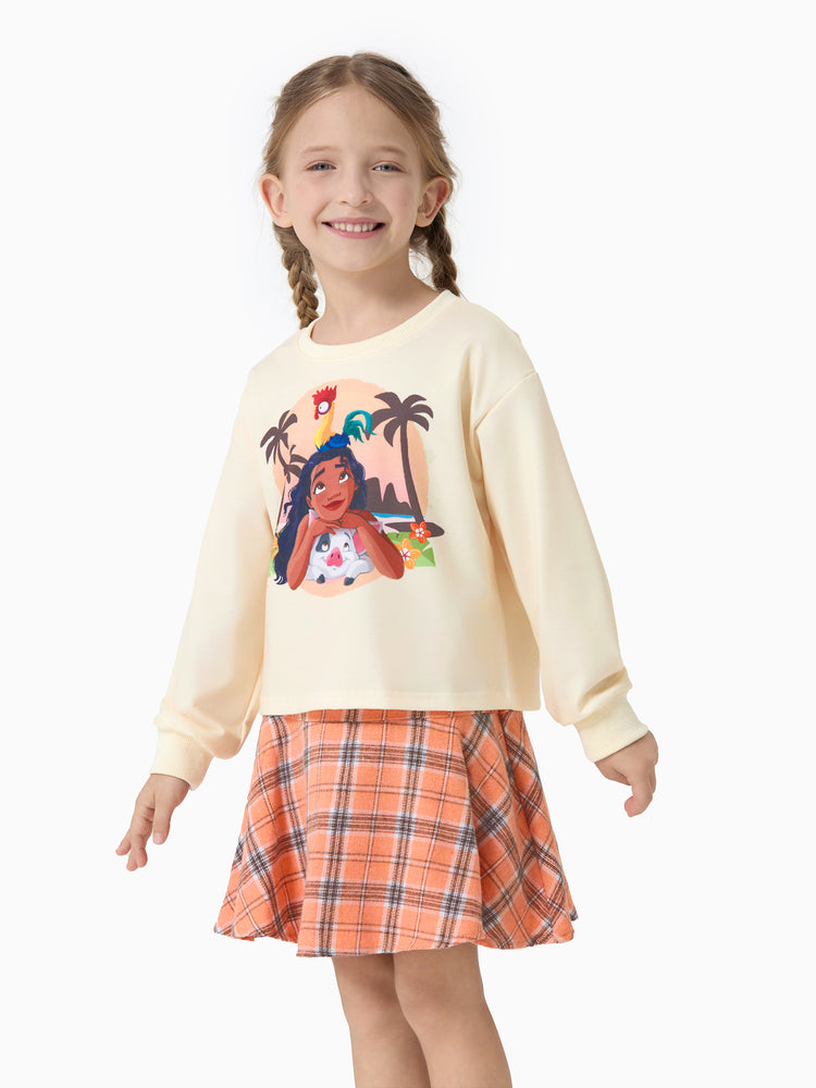 Ensemble 2 pièces princesse Disney pour petite fille, jupe à carreaux à manches longues Moana, couleur abricot