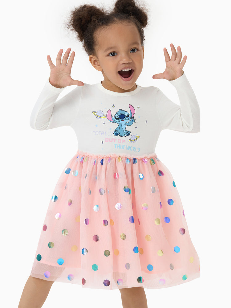 Disney Stitch Toddler Girl 62% Cotton Printed Mesh Dress White