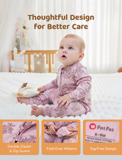 Pyjama bébé garçon/fille en laine à imprimé végétal, fermeture éclair, coupe ajustée, rose