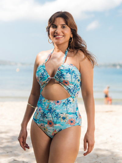 Family Matching Swimwear Tropical Print, Mommy Tie-front Cutout One-piece Swimsuit, Girl two-piece Swimsuit Daddy & Son Swim Trunks Set for Summer Beach Vacation Light Blue