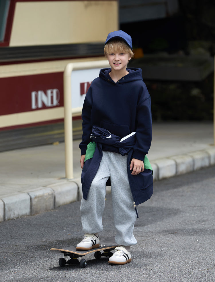 Boys and Girl Solid Color Thermal Hoodie with Far Infrared Heat-Retaining Fabric Dark Blue