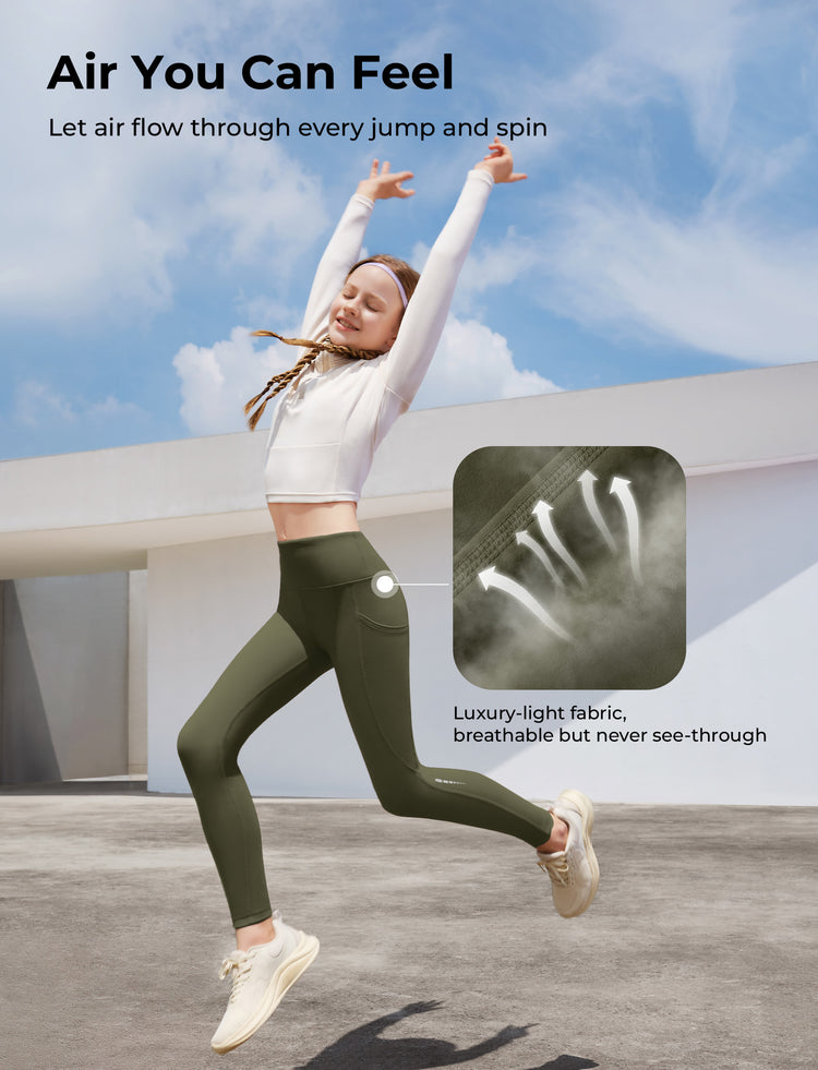 Girl's Leggings High-Waist Yoga Pants Solid Color Leggings with Complimentary Matching Scrunchie Army green