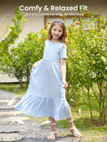 Robe longue décontractée à volants style bohème pour fille avec poches, bleu