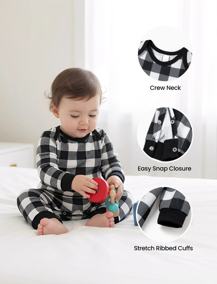 Christmas Matching Family Pajamas Set Allover Black Grid Print Long-sleeve PJS with Christmas Socks Black