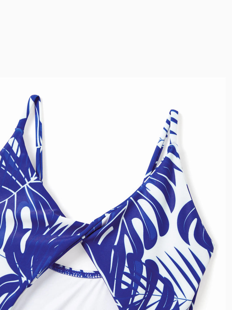 Toddler Girl Tropical Leaf Print Hollow-out Crisscross Straps One-piece Swimsuit Blue