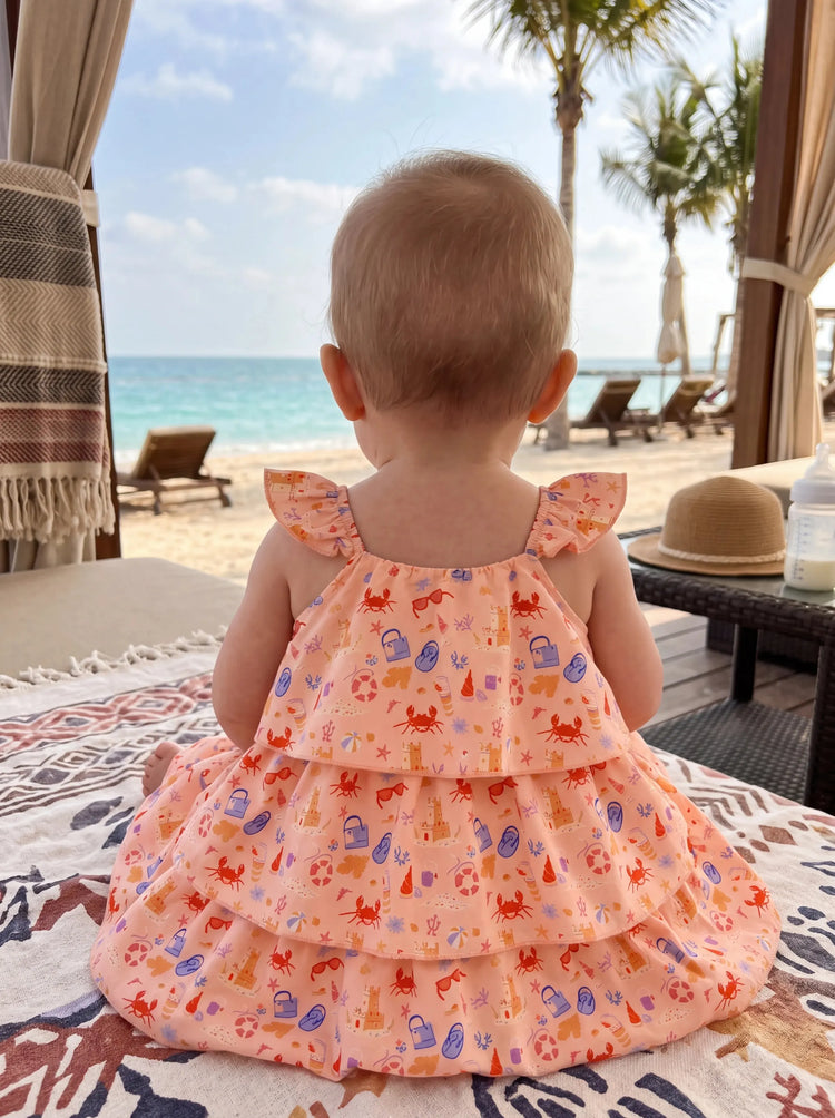 Ocean Vibes Ruffle Flutter Sleeve Beach Print Tiered Dress Light Pink