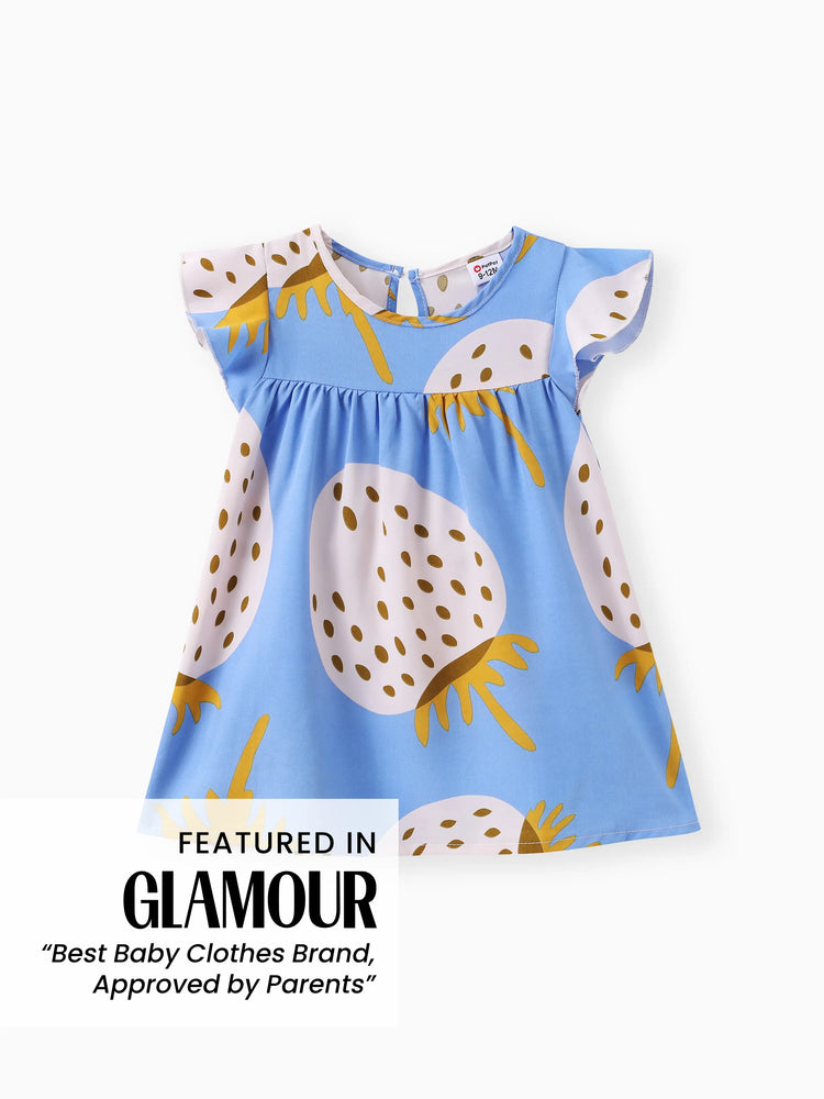 Baby Girl Strawberry Print Flutter-sleeve Dress Blue