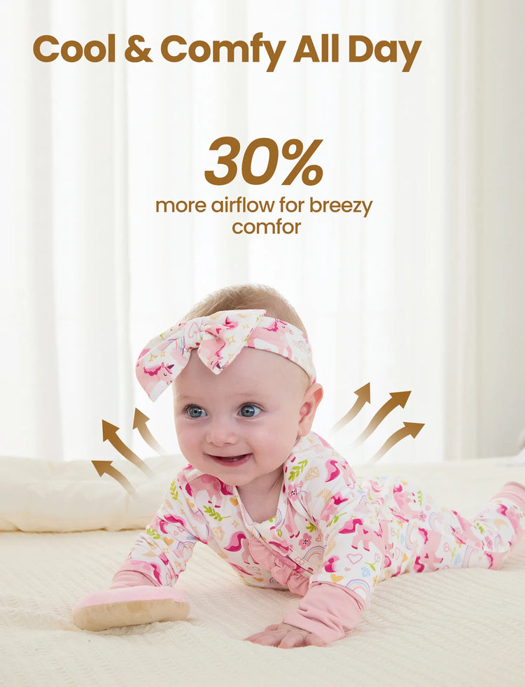 Bamboo Baby Boy/Girl Animal Printed 2-Way Zipper Anti Slip Long-sleeve Footie with Hairband Pink