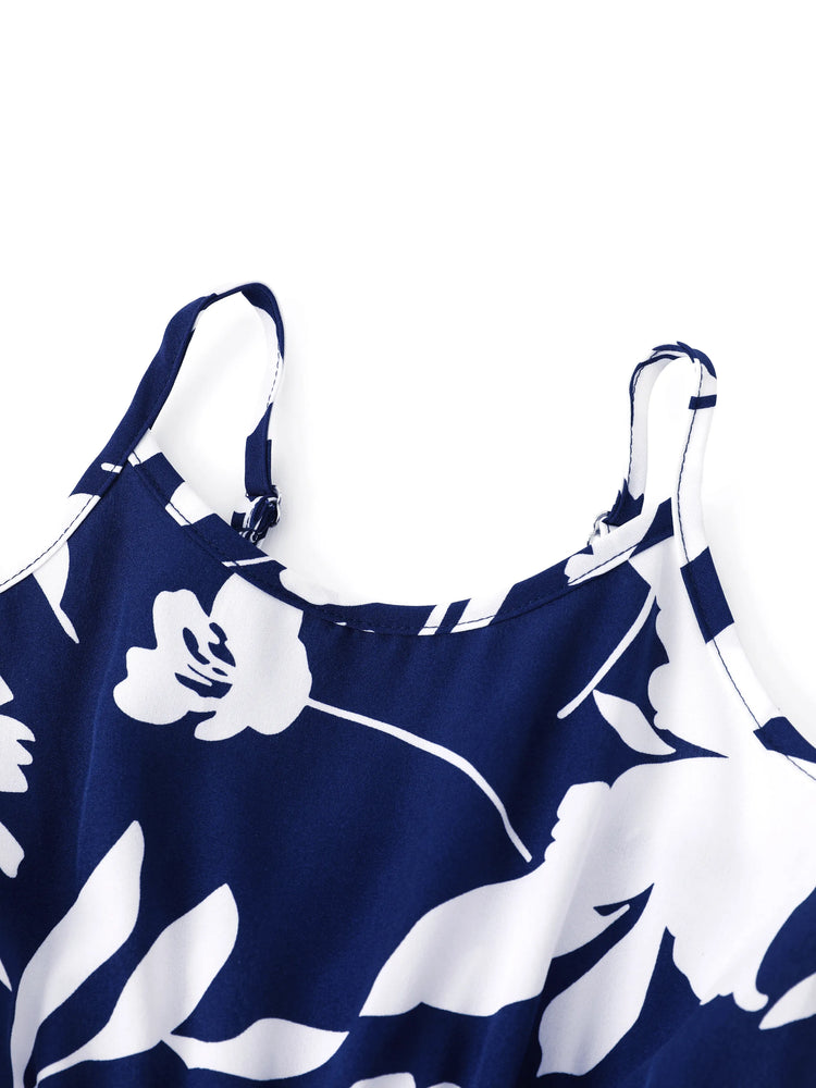 Ensemble familial assorti avec chemise à manches courtes ou robe froncée à imprimé feuilles bleu