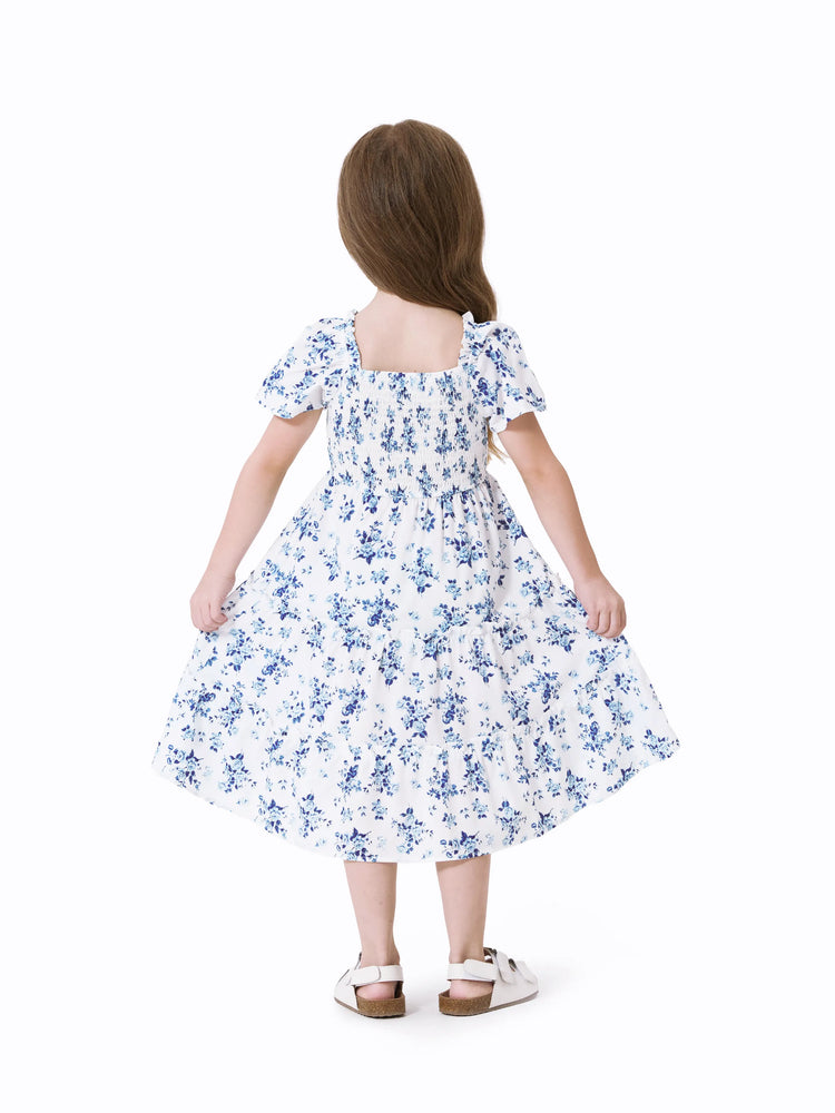 Family Matching Outfit: Floral Smocking Casual Suit BLUEWHITE