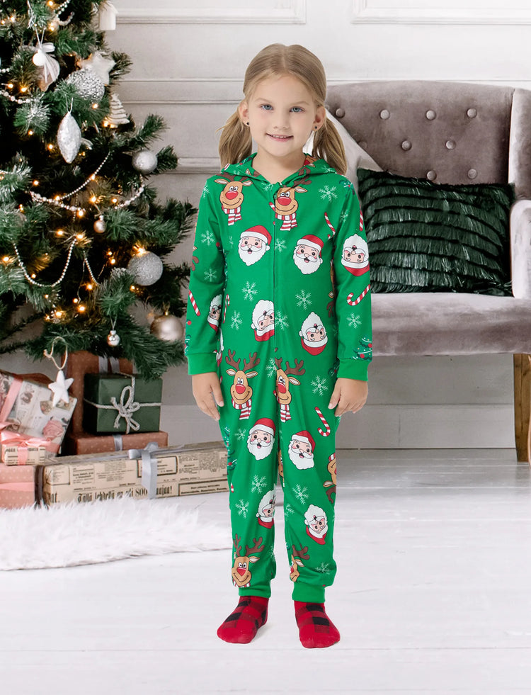 Green Christmas Family Pajamas Sets 3D Reindeer Hooded Allover Print Onesies Green