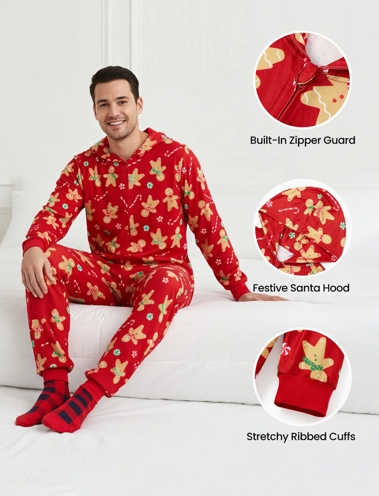 Christmas Family Matching Pajamas Sets Gingerbread Man Pattern Onesies Red-2