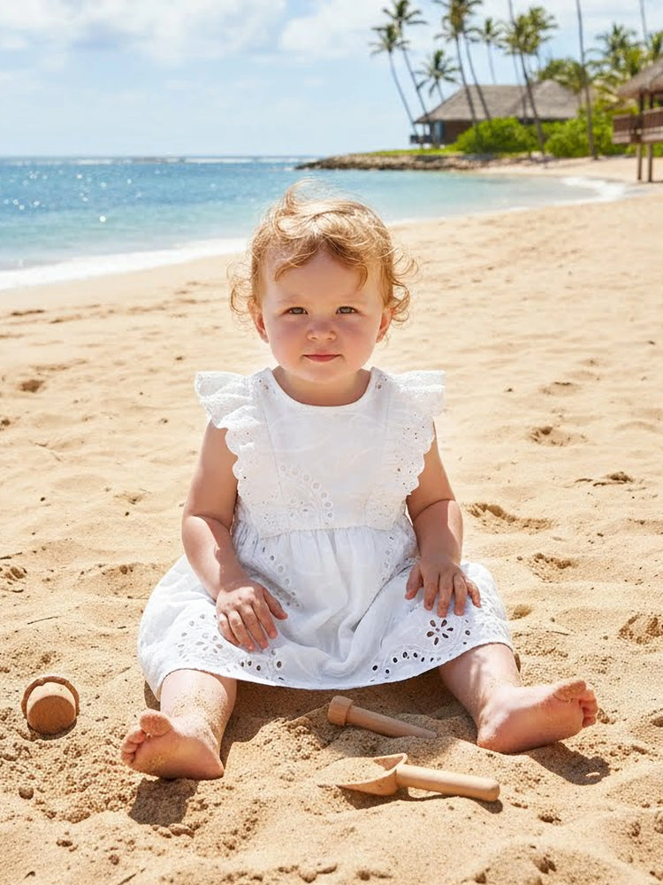 Matching Mom & Me Cotton Dress Eyelet Smocked Dresses with Ruffled Straps, Perfect for Summer Outings & Family Photos White