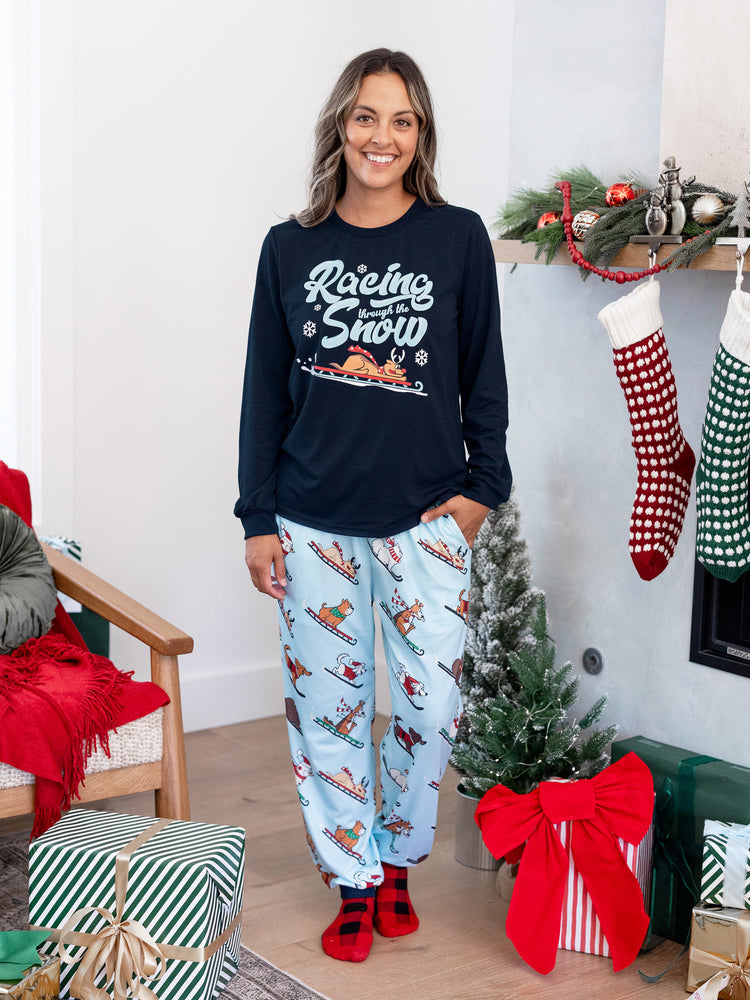 Christmas Matching Family Pajamas Set Sled Dogs Print PJS with Christmas Socks Blue