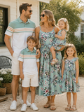 Family Matching Sets Green Striped Polo Shirt or Flora Print Strap Belted Dress Light Green