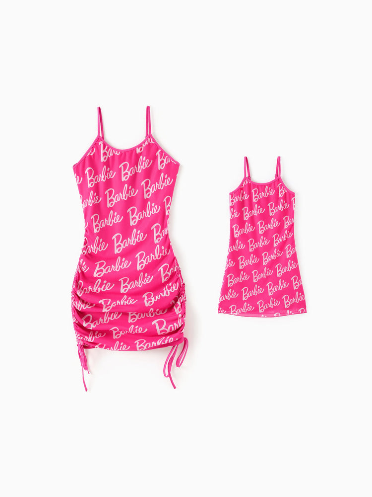 Barbie Mommy and Me Sleeveless Allover Print Strappy Dresses Hot Pink