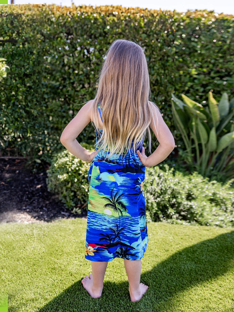 Tenues hawaïennes familiales assorties, chemise/robe à imprimé palmier bleu tropical, ensemble de tenues coordonnées pour les vacances à la plage d'été, bleu