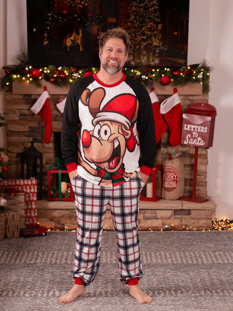 Christmas Pajamas Outfits Matching for Family Raglan Sleeves Quirky Reindeer Graphic Plaid Pants Pajamas Sets BlackandWhite